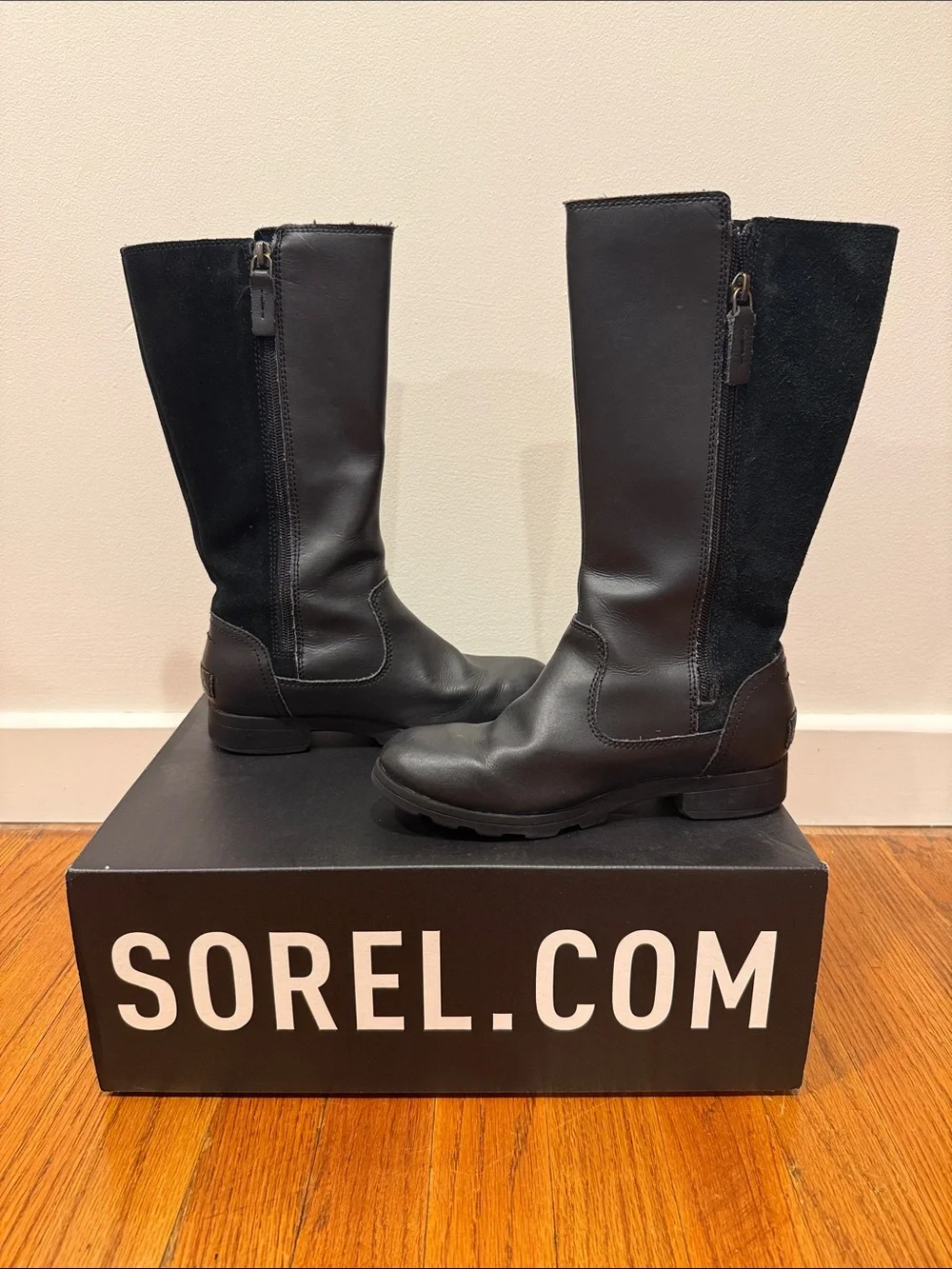 Sorel Emelie Tall Black Leather & Suede Mid-Calf Zip Boots